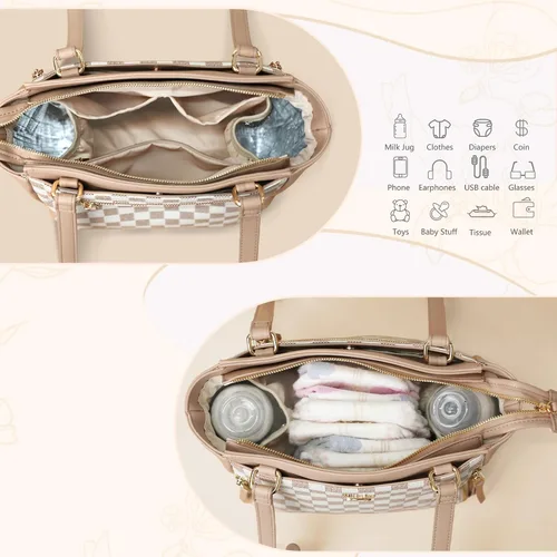 Miniatura 6 de miss fong Bolsa de pañales pequeña a cuadros, bolsa cruzada para pañales, bolsa de pañales, bolsa cruzada de cuero para mujer, color beige y miel