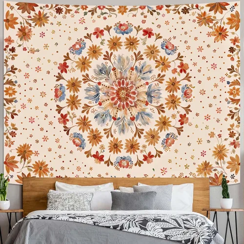 Miniatura 5 de Fowocu Tapiz bohemio con mandala floral para colgar en la pared, medallón de flores bohemias, tapiz estético, beige, naranja, hippie, indio, pequeño