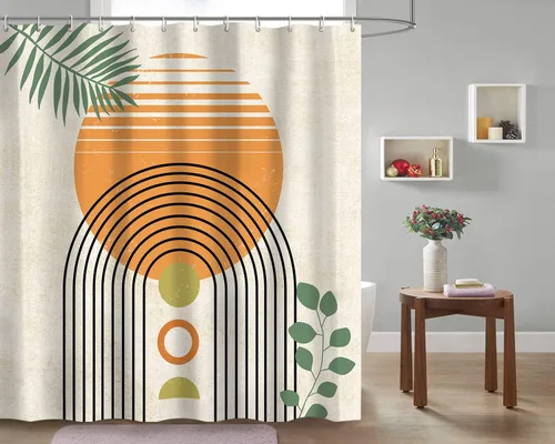 ARTINME Cortina de ducha abstracta de mediados de siglo, arco bohemio, beige, moderno, minimalista, para el hogar, bañeras, juego de cortina de baño