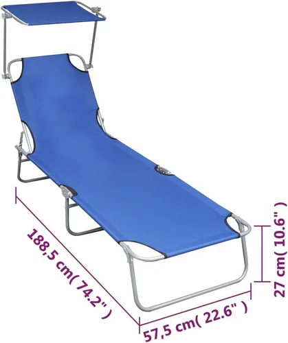Miniatura 2 de vidaXL Sillón de patio, tumbona plegable con respaldo ajustable, tumbona con toldo, silla de piscina para porche al aire libre, aluminio azul