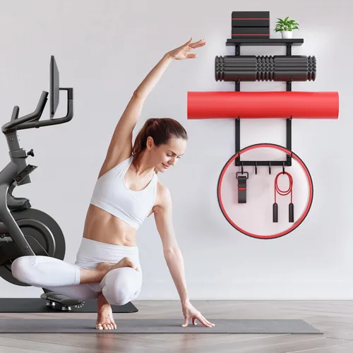 Miniatura 5 de Soporte de pared para esterilla de yoga, estante de almacenamiento de accesorios de yoga, organizador de accesorios de gimnasio en casa, estante