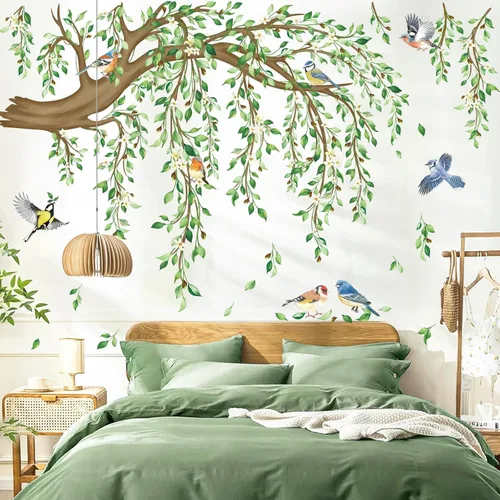 Miniatura 7 de decalmile Calcomanías de Pared Grandes de Rama de Árbol de Flores Rosadas Cerezo en Flor Árbol Floral Pájaros Pegatinas de Pared Sala de Estar