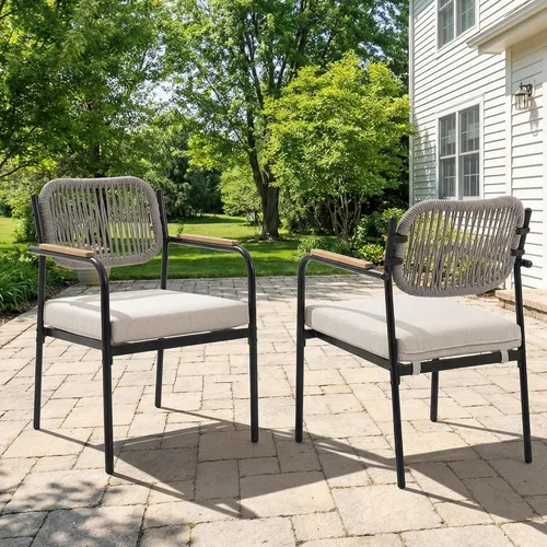 Miniatura 2 de Juego de 2 sillas de comedor para exteriores, sillas de comedor de mimbre para patio con cojines extraíbles, silla de mesa rectangular para patio