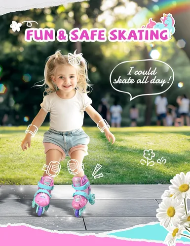 Miniatura 2 de Patines de unicornio para niños pequeños, patines de entrenamiento para niños con triple protección de seguridad, patines de 4 tamaños ajustables