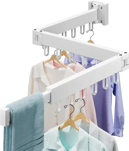 Abiglifty Tendedero para ropa montado en la pared, plegable, retráctil y plegable con 18 ganchos para uso en interiores y exteriores en lavandería,