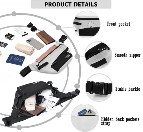 Miniatura 5 de Riñoneras para hombres y mujeres, bolsa de cintura cruzada delgada, bolsa antirrobo para viajar y entrenar (Negro-02, S)