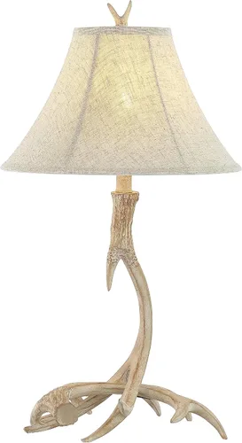 JONATHAN Y Lámpara de mesa de resina rústica beige de 27.5 pulgadas para sala de estar, dormitorio, pantalla de lino gris claro, lámpara de mesita