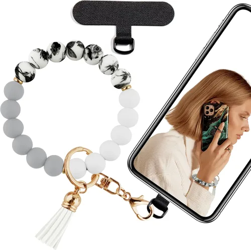 Miniatura 19 de Correa de muñeca de teléfono con cuentas de silicona, pulsera para teléfono con lengüeta de sujeción, pulsera manos libres para iPhone (negro)