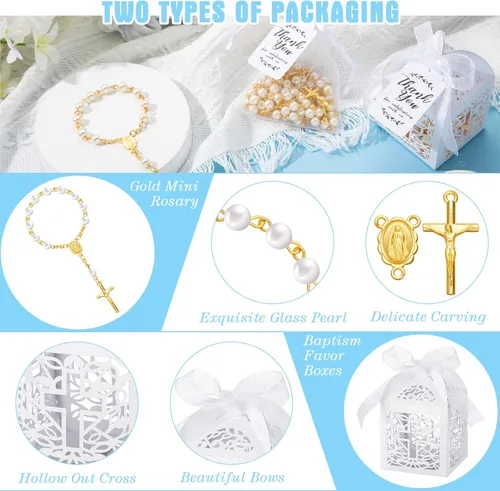 Miniatura 3 de Highergo Juego de 200 recuerdos de bautismo, 50 piezas de mini rosario, 50 piezas, cajas de regalo para fiesta de bautismo, bolsas de organza