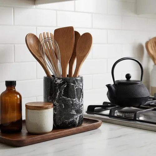 Miniatura 4 de Radicaln Soporte para utensilios de mármol negro de 6.5 pulgadas hecho a mano, juego de espátulas para encimera de cocina, tarro de utensilios
