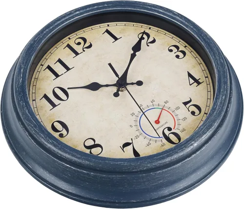 Miniatura 7 de Relojes para exteriores impermeables con termómetro, reloj de pared costero rústico para patio, piscina, jardín (12 pulgadas, azul)