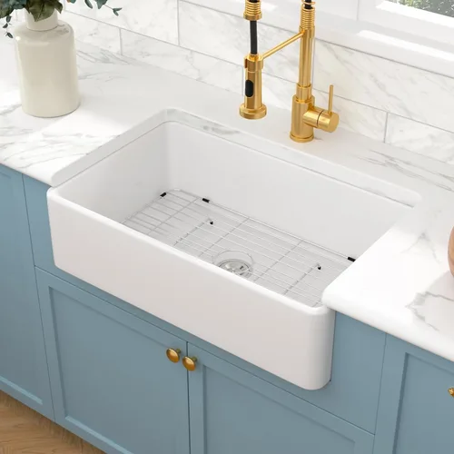 Miniatura 2 de Sarlai - Fregadero de cocina de granja blanco de 33 pulgadas, fregadero de 84 x 51 cm con delantal frontal de cerámica de porcelana vítrea