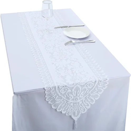 Miniatura 17 de rockcloud Camino de mesa de encaje para decoración de banquetes de boda, decoración de mesa de fiesta de Navidad, blanco, 13 x 70 pulgadas White E