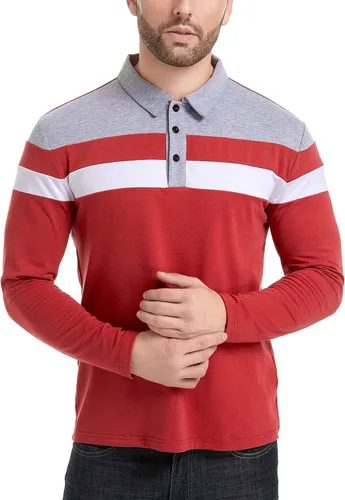 Miniatura 3 de NAVEKULL Camisas polo de manga larga para hombre, camisa casual de algodón, ajustada, camisa con cuello de retazos