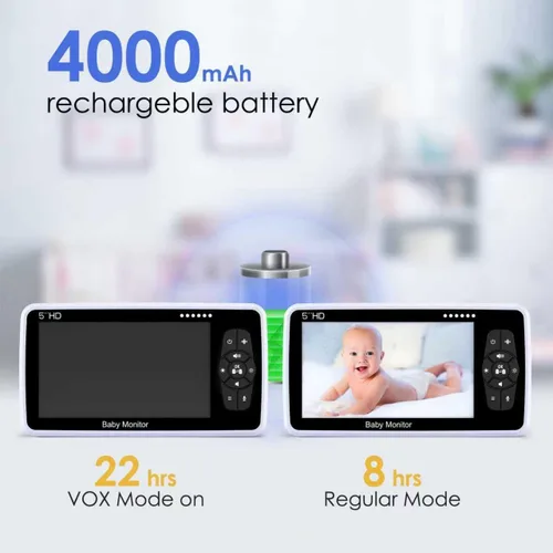 Miniatura 8 de Babystar Monitor de bebé con cámara y audio, resolución HD 720P, pantalla de 5 pulgadas, 4000 mAh hasta 22 horas de batería, zoom panorámico remoto