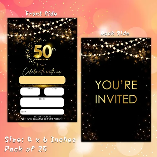 Miniatura 2 de Tarjetas de invitaciones de 50 aniversario, invitaciones de aniversario de boda con purpurina negra y dorada con sobres, tarjetas de invitaciones