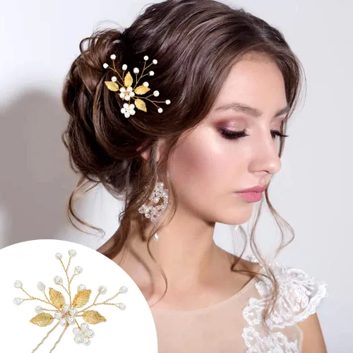 Miniatura 3 de inSowni Paquete de 12 horquillas doradas decorativas para bodas, fiestas de graduación, con hojas de flores, perlas, adornos para tocados de novia