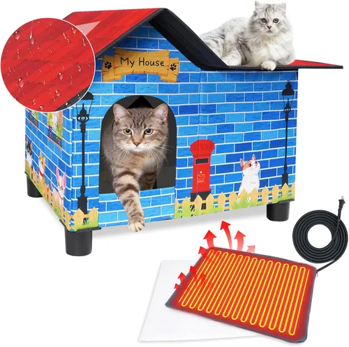 Miniatura 8 de Casa grande con calefacción para gatos para exteriores, casa elevada para gatos climatizada al aire libre, resistente a la intemperie, refugio