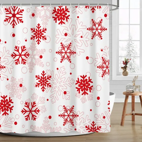 Miniatura 9 de MEHOFOND Cortina de ducha de invierno y Navidad con copos de nieve, cortina de ducha de Navidad, copos de nieve verdes y Ren, decoración de baño