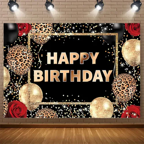 Miniatura 3 de Telón de fondo de feliz cumpleaños con estampado de leopardo negro y dorado, globos de guepardo, fondo de fotografía de rosa roja, para mujeres