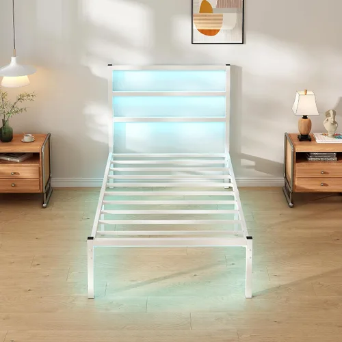 Miniatura 4 de CLIBFENG Base de cama individual con cabecero, soporte de listones de acero resistente, marco de cama LED con estación de carga USB, base de colchón
