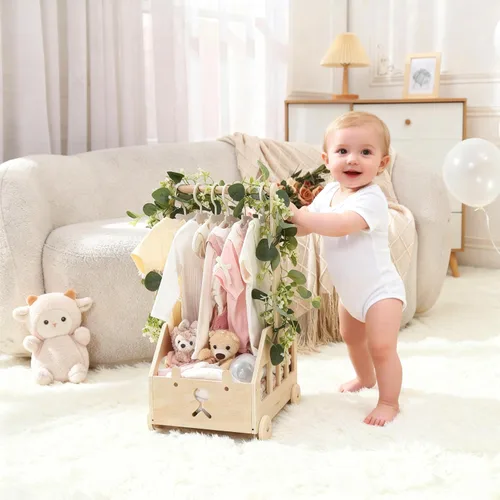 Miniatura 8 de Armario de madera para baby shower con ruedas empujables, cesta de baby shower personalizada, regalo de bienvenida para niños recién nacidos