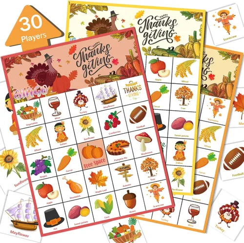 VESPRO 46 tarjetas de juego de bingo de Acción de Gracias para 30 jugadores, juegos de fiesta del día de Acción de Gracias, bingo de otoño para