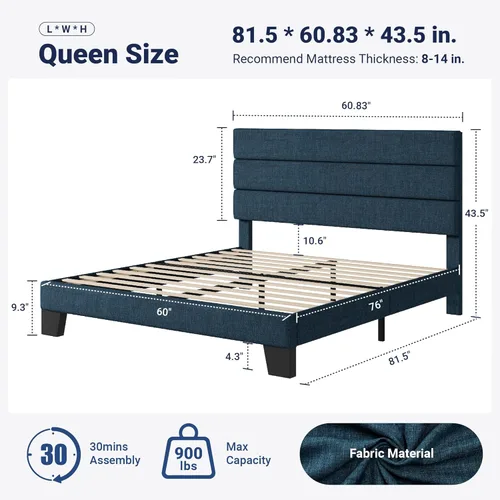 Miniatura 2 de Allewie - Base de cama de plataforma matrimonial con cabecera tapizada de tela y soporte de listones de madera, base de colchón totalmente tapizada