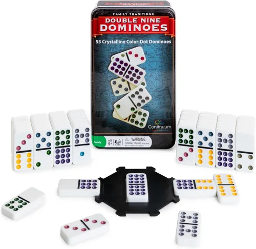 Continuum Games Family Traditions - Juego de 9 dominó dobles – Juego de 55 piezas en lata de almacenamiento, dominó cristalino para niños y adultos,