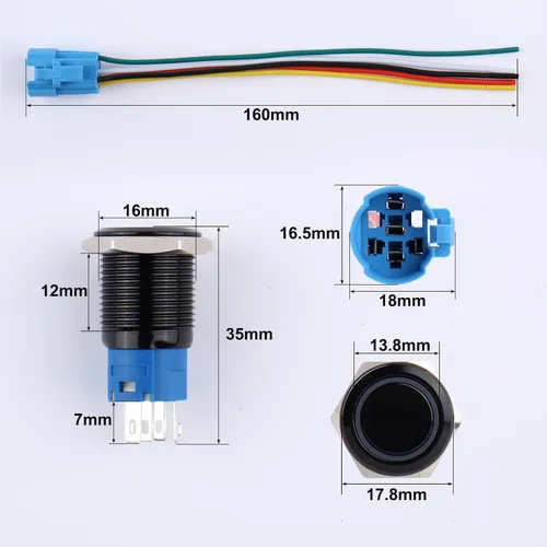 Miniatura 2 de 2 piezas de interruptor de botón de presión momentáneo de 16 mm 12V-24V LED de anillo 1NO 1NC impermeable (ON)-Apagado Cáscara de botón de metal