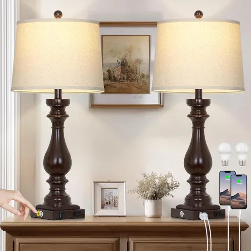 Miniatura 14 de Cinkeda Juego de 2 lámparas de mesa de 29 pulgadas de alto para sala de estar, lámparas vintage para mesita de noche con puertos USB C+A y salida