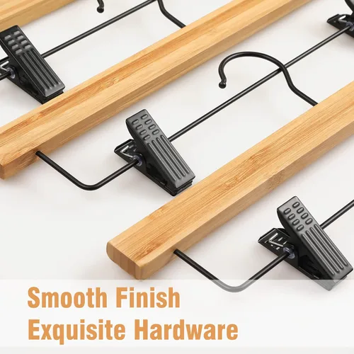 Miniatura 3 de TOPIA HANGER Perchas para pantalones, paquete de 10 perchas de bambú con clips negros y gancho giratorio, perchas duraderas de madera natural