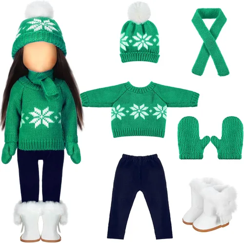 Miniatura 11 de Bencailor Conjunto de 6 piezas de ropa y accesorios de muñeca de Navidad de 18 pulgadas, conjunto de trajes de invierno, suéteres, pantalones, Rojo