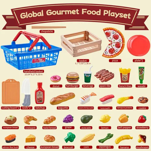 Miniatura 7 de Juegos de comida para cocina de niños, cocina global para niños pequeños, juguetes de comida falsa para cortar incluyendo pizza, sushi y pastelería