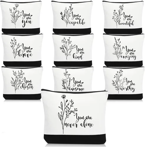 Coume 10 Piezas Bolsas de Maquillaje de Lona de Flores Bohemias al Por Mayor, Bolsas de Cosméticos con Citas Inspiradoras Estéticas en Blanco y