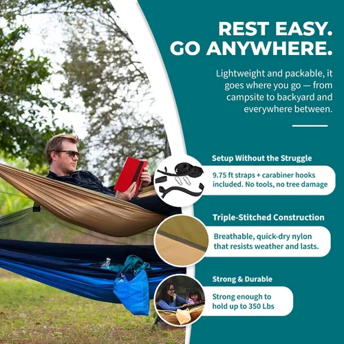 Miniatura 5 de Bliss Hammocks Hamaca en una bolsa con mosquitera y correas ajustables para árboles, hamaca de nailon para acampar y uso al aire libre, capacidad