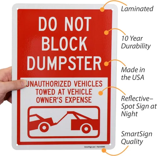 Miniatura 2 de SmartSign Letrero "Do Not Block Dumpster - Vehículos no autorizados remolcados a expensas del propietario del vehículo" Aluminio reflectante