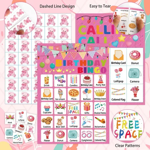 Miniatura 6 de Juego de bingo de cumpleaños para niños, niñas y adultos, tarjetas de bingo de cumpleaños para 24 jugadores, suministros para fiesta de cumpleaños