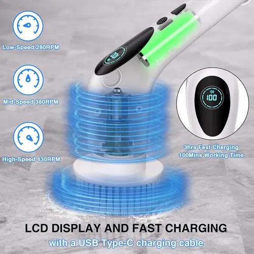 Miniatura 3 de Depurador eléctrico giratorio, limpiador eléctrico inalámbrico para bañera y azulejos con transmisión de voz de 3 velocidades 9 cabezales limpios