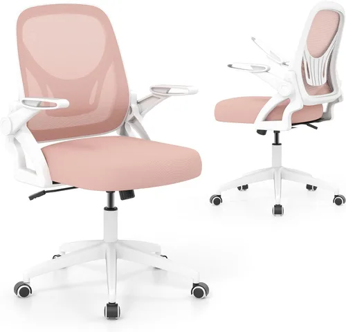COSTWAY Silla de oficina, cómoda silla giratoria de escritorio con altura ajustable y reposabrazos abatibles, sillas ergonómicas de malla para Rosa
