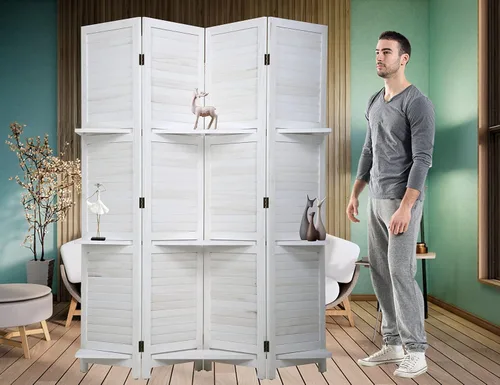 Miniatura 9 de Separadores de habitación de madera de 4 paneles con estantes, pantallas de privacidad plegables, pantalla de partición portátil, 6 pies de alto
