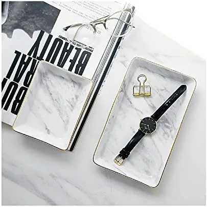 Miniatura 5 de SOCOSY Plato de cerámica de mármol para anillos de joyería, bandeja organizadora de joyas con bordes dorados, decoración del hogar, regalo de boda