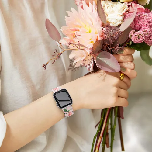 Miniatura 6 de Compatible con Apple Watch de 41mm 40mm 38mm 49mm 45mm 44mm 42mm para mujeres, correas deportivas de encaje huecas de silicona suave con estampado