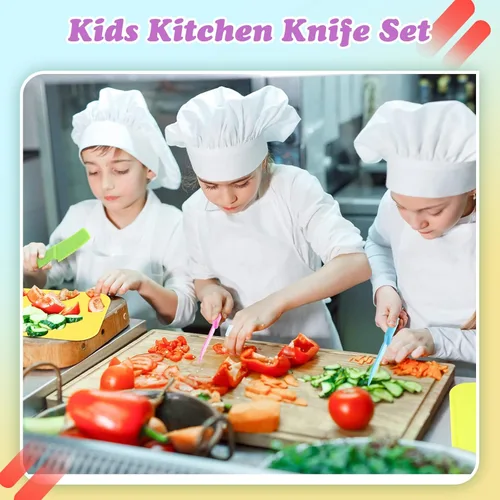 Miniatura 6 de Yinkin Juego de 20 cuchillos de plástico para niños con tabla de cortar, incluye 10 cuchillos seguros para niños, 10 tablas de cortar utensilios