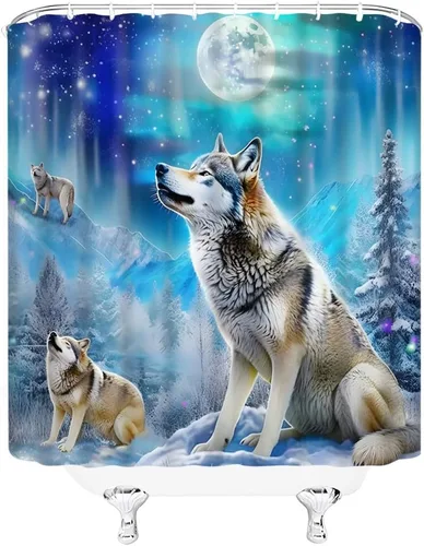 Miniatura 6 de Cortina de ducha con diseño de lobo, nieve, invierno, bosque, montaña, luna llena, vida silvestre, animales, decoración de baño, cortinas de tela
