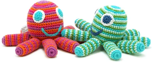 Miniatura 7 de Pebble Sonajero de bebé de pulpo hecho a mano, rayas verdes, océano, playa, costero, juguete de ganchillo para bebé, comercio justo, lavable a