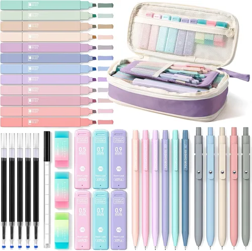 Miniatura 11 de Four Candies 39 piezas de suministros escolares estéticos con bonito estuche para bolígrafos, 12 resaltadores pastel, 5 bolígrafos de gel de tinta