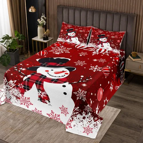 Miniatura 14 de Manfei Colcha de muñeco de nieve de Navidad, tamaño King, colcha acolchada con 2 fundas de almohada, juego de colcha rosa de Navidad de 3 piezas