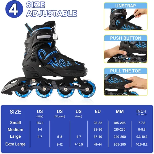 Miniatura 3 de Patines en línea para niñas y niños de 5 a 8 años, 8 a 12 años, ruedas iluminadas, tamaño ajustable, para niños, adultos, mujeres, exteriores Azul