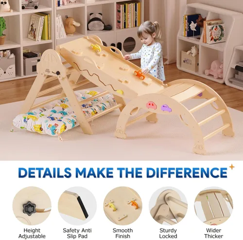 Miniatura 5 de Conjunto de Triángulo Pikler con Cojín 9 en 1 Plegable Juguetes de Escalada Montessori para Niños Pequeños 1-3 Parque Infantil de Madera
